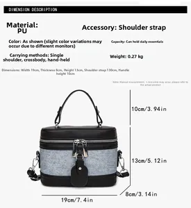 Size chart for women's PU bucket bag showing dimensions 19x8x13cm and strap length