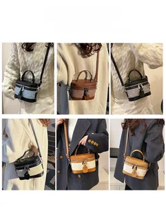 Detailed views of various colors of mini bucket bag styled with casual outfits