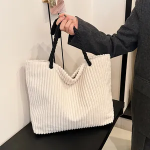 Grand sac cabas en velours côtelé beige avec anses en corde noire pour femme