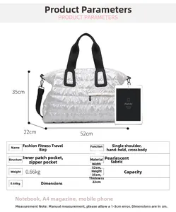 Detailed size specifications for silver quilted gym bag with iPad for scale reference