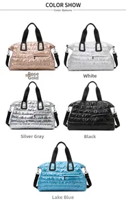 Quilted fitness bags in rose gold, white, silver, black, and blue with shoulder straps