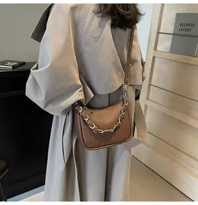 Détail du sac demi-lune en cuir marron avec chaîne dorée porté par mannequin en trench