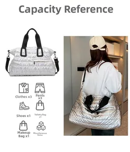 Detailed view of silver quilted gym bag showing capacity guide and model scale