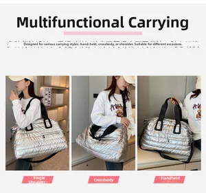 Three ways to carry silver puffer fitness bag: shoulder, crossbody, and handbag style