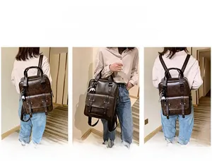Three-way carry demonstration of vintage brown leather backpack showing versatile strap usage