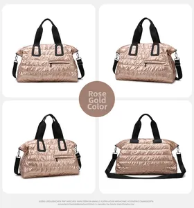 Detail of rose gold quilted travel bag with waterproof metallic finish and shoulder strap