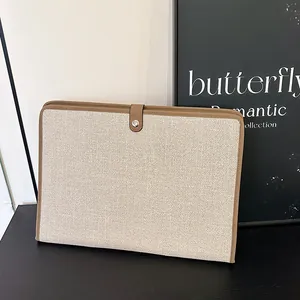 Housse pour Ordinateur en Toile Minimaliste Sac à Documents Avec Bordure en Cuir Porte-documents pour Femmes