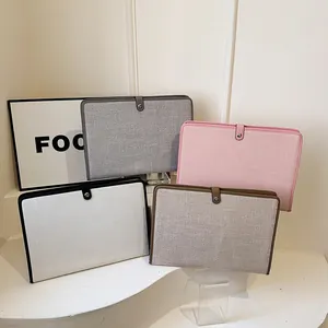 Pochette de bureau minimaliste en toile en quatre couleurs avec bordure cuir et bouton pression