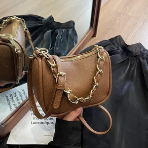 Sac Sous le Bras Femme en Cuir PU Texture Litchi Avec Chaîne Dorée Vintage Sac à Bandoulière pour Le Quotidien et Les Fêtes