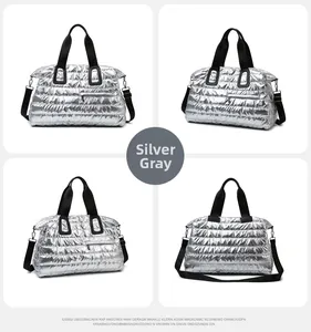 Multiple views showing silver quilted gym bag with metallic finish and detachable strap