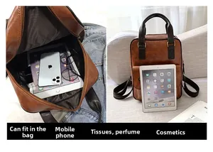 Macro shot showing large storage capacity for tablets and makeup in a brown retro backpack