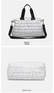 Dual-view of quilted gym bag showing the white metallic finish back and wide bottom
