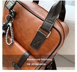 Macro detail of reinforced stitching on vintage brown faux leather backpack