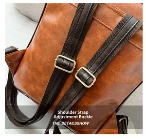 Detail of adjustable strap buckles and vintage textured leather fabric on brown backpack