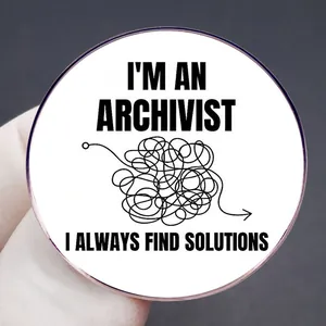 Round white I'm An Archivist brooch with black text and abstract line design for professionals