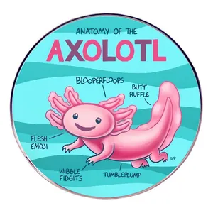 Funny pink axolotl anatomy metal pin badge with cartoon animal illustration design