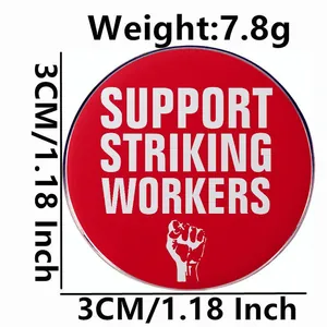 Red 3cm Support Striking Workers pin badge with fist icon and 7.8g weight display