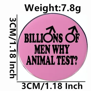 Pink feminist lapel pin with Billions of Men Why Animal Test slogan and male symbol