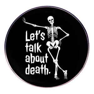 Let's Talk About Death Round Alloy Badge Gothic Cartoon Skull Pin Enamel Brooch For Halloween Party Decorative Metal Jewelry Gift