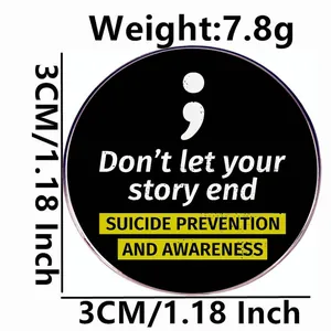 3cm round black motivational brooch with semicolon symbol and metal badge detail