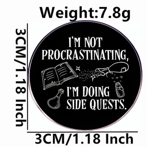 Black round enamel pin with Side Quests quote, featuring book and potion illustrations