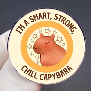 Round capybara acrylic badge with text I'M A SMART, STRONG, CHILL CAPYBARA