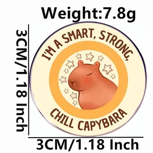 Cartoon capybara metal badge with 'Smart Strong Chill' text on a clean white background