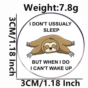 Cartoon sloth enamel pin badge 3cm diameter and 7.8g weight shown on white background