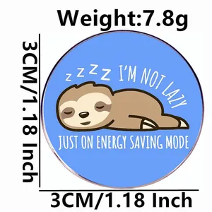Cartoon sloth enamel pin blue round badge for energy saving mode 3cm metal accessory