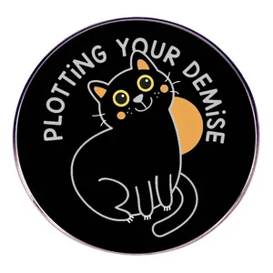 Funny Black Cat Plotting Your Demise Enamel Pin Round Alloy Cartoon Animal Brooch Badge For Clothing Bags Jewelry Gift