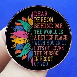 Black round inspirational sunflower brooch pin with colorful floral patterns for women
