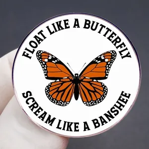 Spilla a farfalla rotonda con la scritta Float Like a Butterfly Sting Like a Bee