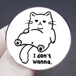 Spilla gatto pigro divertente con testo I don't wanna in materiale acrilico tondo