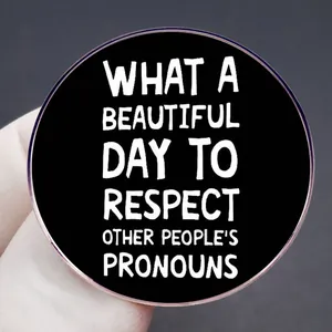 Respecting Pronouns enamel pin badge with minimalist black and white metal design