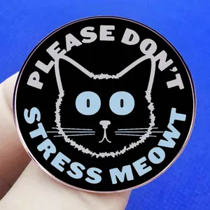 Cartoon black cat enamel pin badge featuring PLEASE DON'T STRESS MEOWT pun text