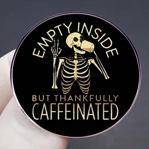 Skull coffee badge with Empty Inside But Thankfully Caffeinated slogan and peace sign