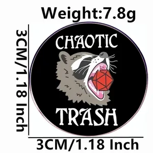 Chaotic Trash raccoon pin with D20 dice, 3cm round metal badge for gamer accessories