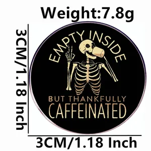 Skull coffee addiction enamel pin with black gold finish and 3cm diameter size