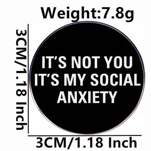 3cm Social Anxiety enamel pin badge in black with white text and size specifications