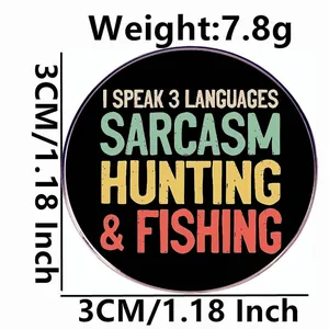 Funny hunting and fishing enamel pin badge with colorful vintage typography, 3cm size