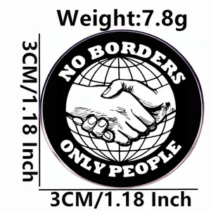 3cm round 'No Borders Only People' metal badge featuring friendship handshake and globe design