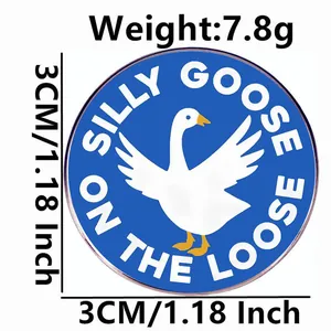 Blue Silly Goose On The Loose enamel pin badge with cartoon goose and 3cm diameter