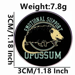 Cartoon opossum metal brooch pin with Emotional Support Opossum text and purple plating