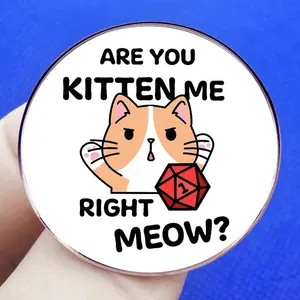 Angry orange cat D20 badge featuring Are You Kitten Me Right Meow text design