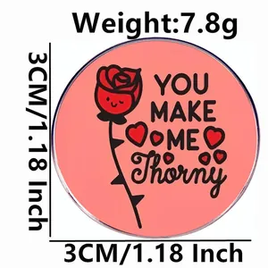 Pink enamel rose pin badge with You Make Me Thorny slogan and heart details