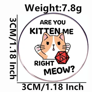 Orange cat DND enamel pin with D20 dice, 1.18 inch round zinc alloy lapel badge
