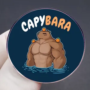 Funny muscular Capybara enamel pin badge with orange detail on dark blue background