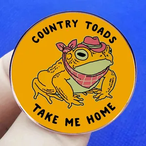 Cartoon Country Toads Take Me Home round metal badge brooch with yellow frog illustration