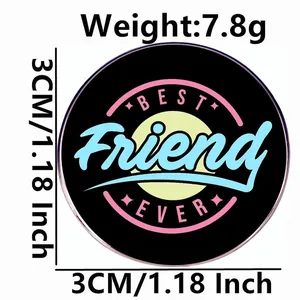 Round Best Friend Ever enamel pin with black background and yellow border, 3cm size