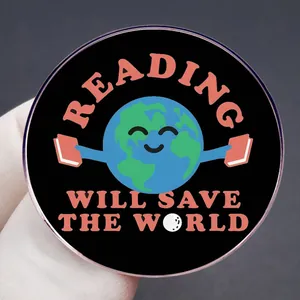 Cartoon enamel pin featuring earth holding books with text Reading Will Save The World